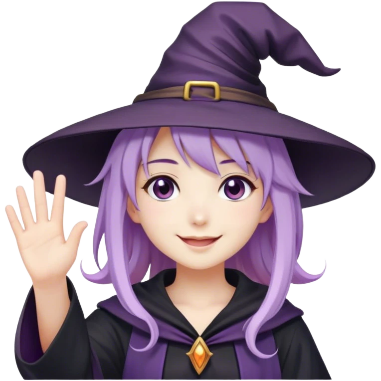 anime girl with lilac hair in a witch hat waving and smiling emoji