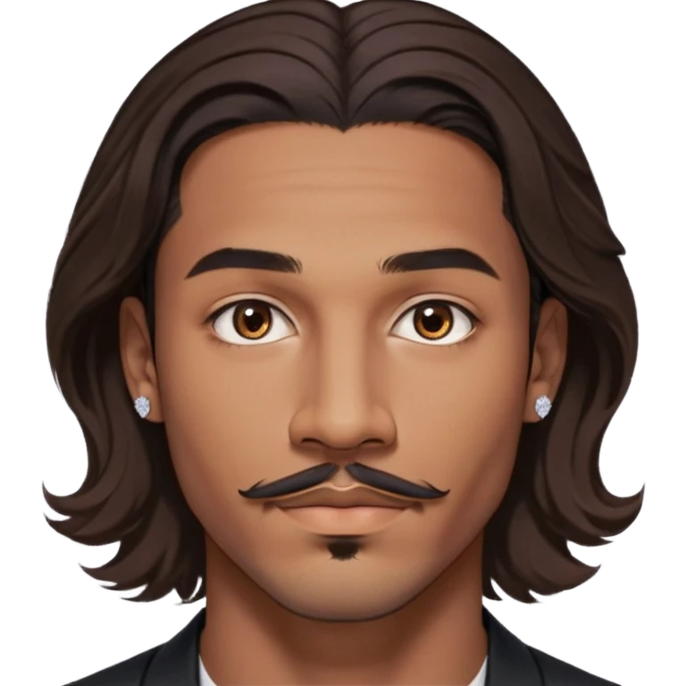 Young man with medium brown skin, mixed-race ethnicity, long wavy dark brown hair with an extremely precise center part exactly aligned with the middle of the face, hair parted perfectly symmetrically on both sides, mustache separated from goatee, medium brown eyes, small diamond stud earrings, floating head only with absolutely no shoulders or neck visible emoji