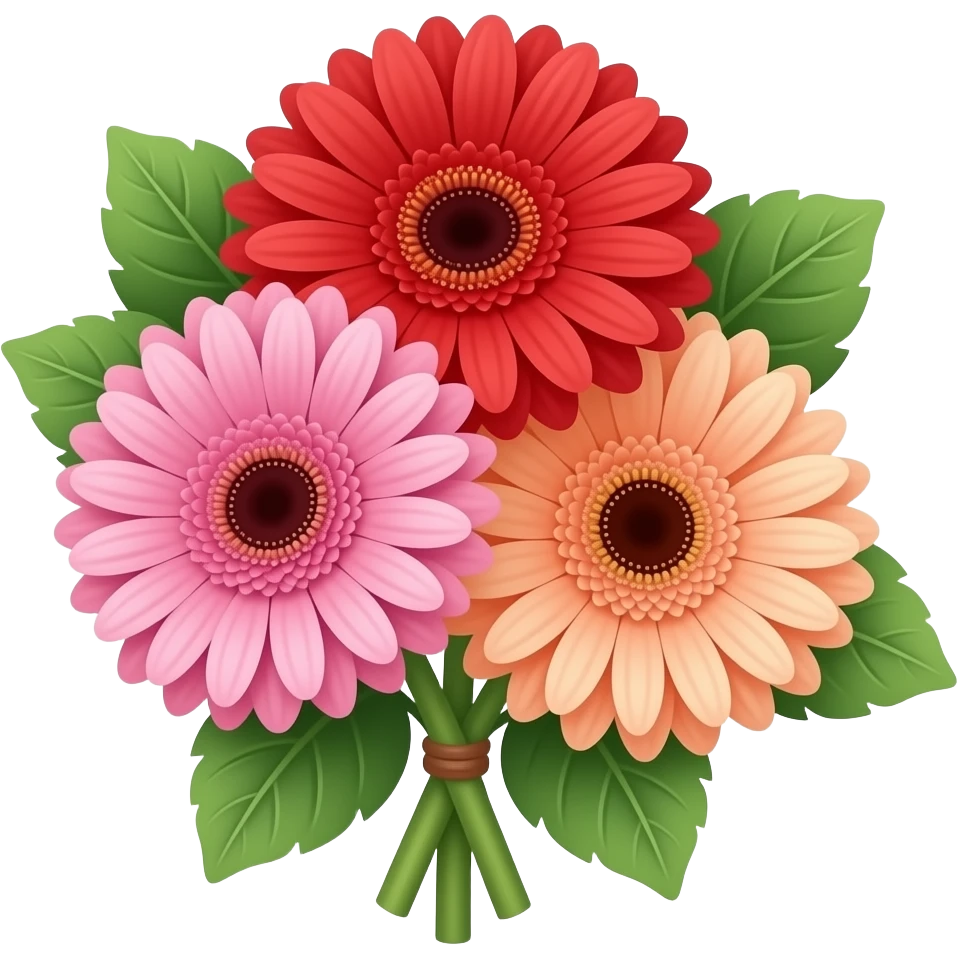Bouquet with leaves of three gerbera only with each colour having red, pink and peach in full screen emoji