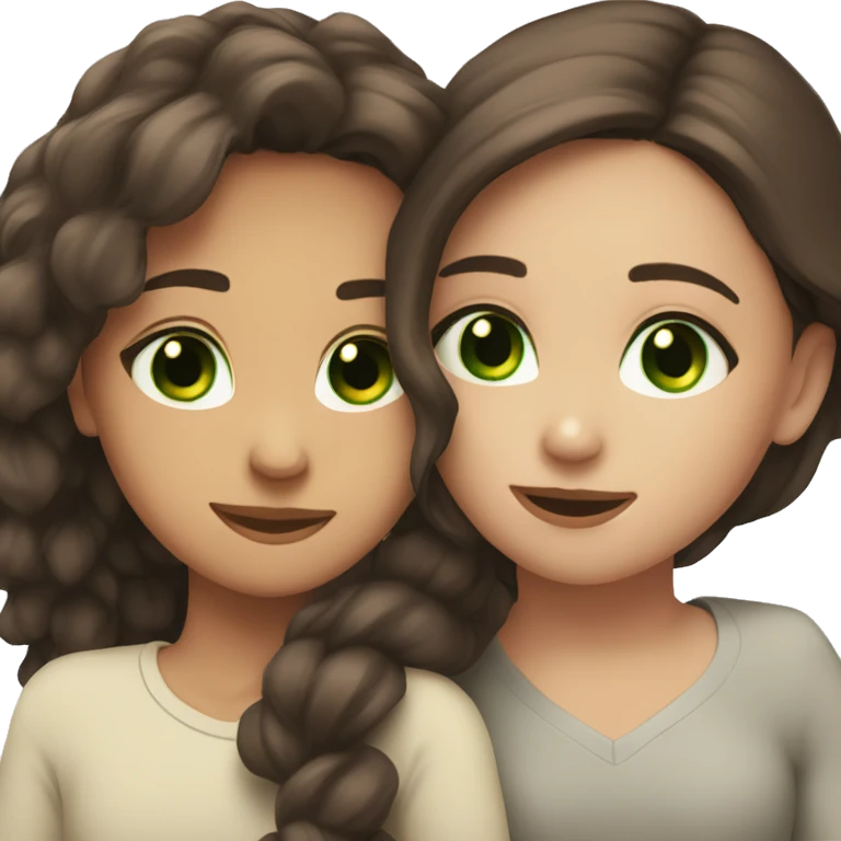 Brunette bffs hugging eachother one with brown eyes one with green eyes emoji