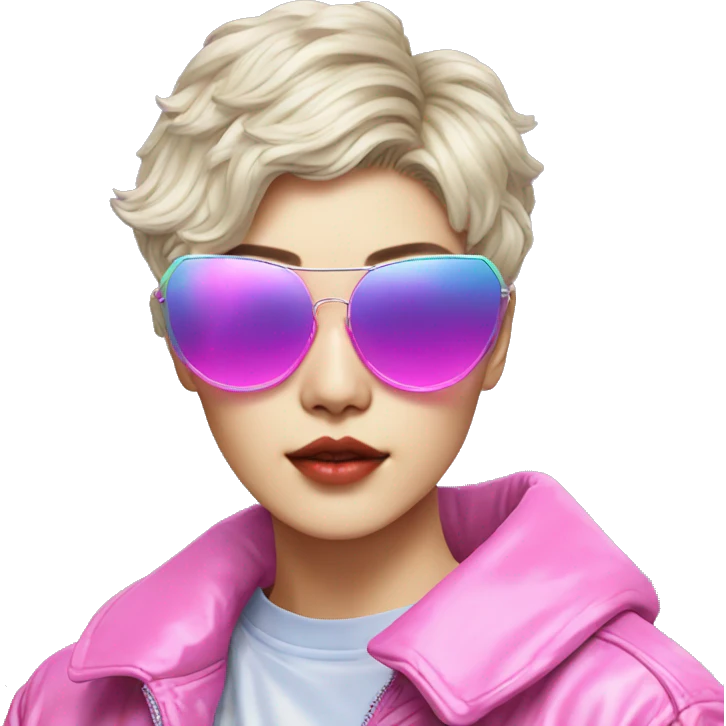 a short-haired Taiwanese lesbian with vaporwave style, sunglasses with vaporwave image on it. emoji