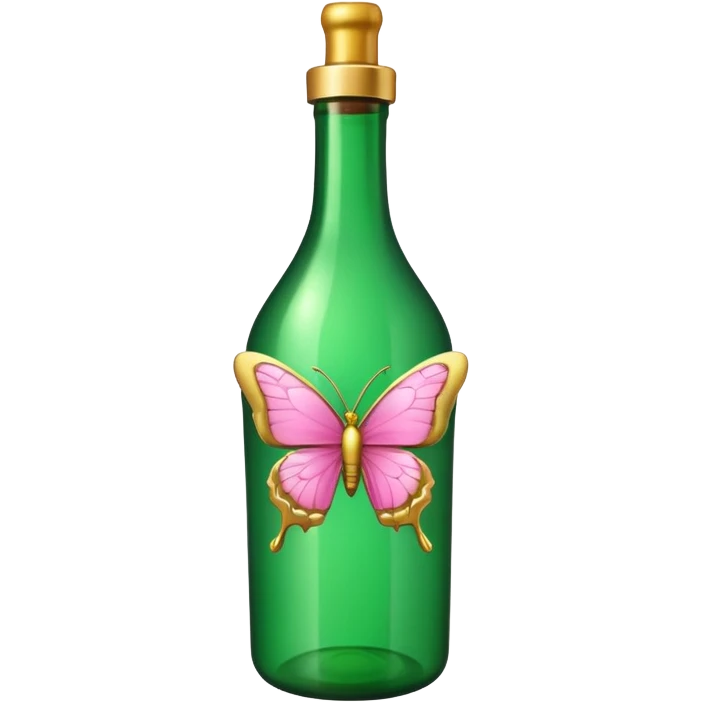 detailed vibrant green bottle with gold decorations and pink butterflies, emoji style emoji