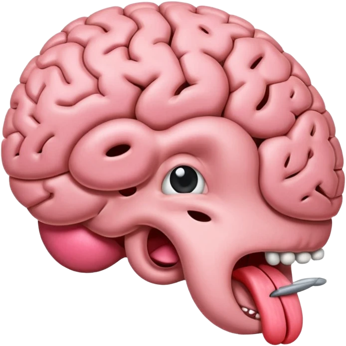 Tongue sticking out of brain with extra grey matter and sopping emoji