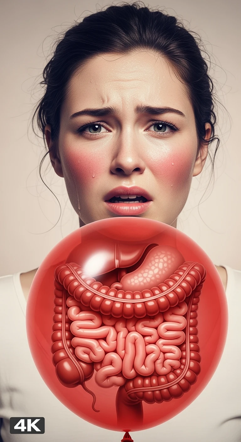 DONNA CON GONFIORE DI PANCIA E INTESTINO CHIUSO IN UN PALLONCINO ROSSO, ESPRESSIONE DI DOLORE IN VOLTO, IPERREALISTICA 4K emoji