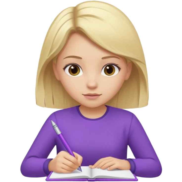 girl sitting, writing in a notebook, blond hair, dressed in purple clothes emoji