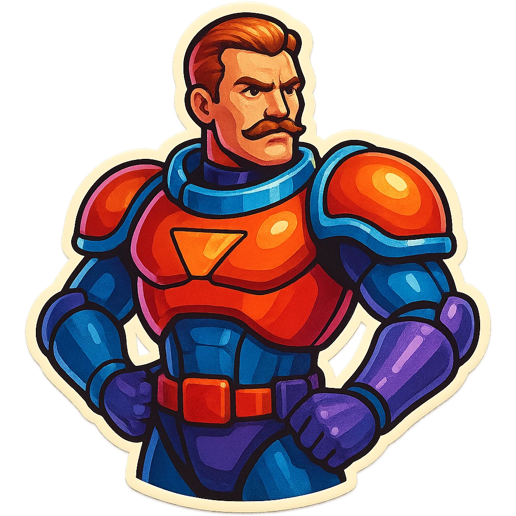 Scarlet Duke from the future, retro sticker style, bold outlines, vibrant colors, sci-fi armor, confident pose emoji