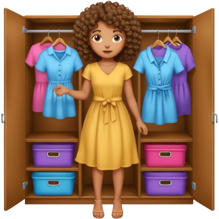 brown girl with curly hair picking clothes from closet emoji