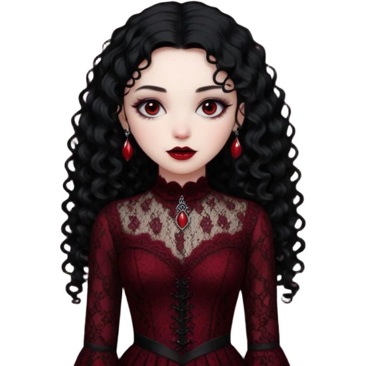 A girl with a dark red goth vampire look in a goth lace dress with long sleeves longer black curly hair emoji