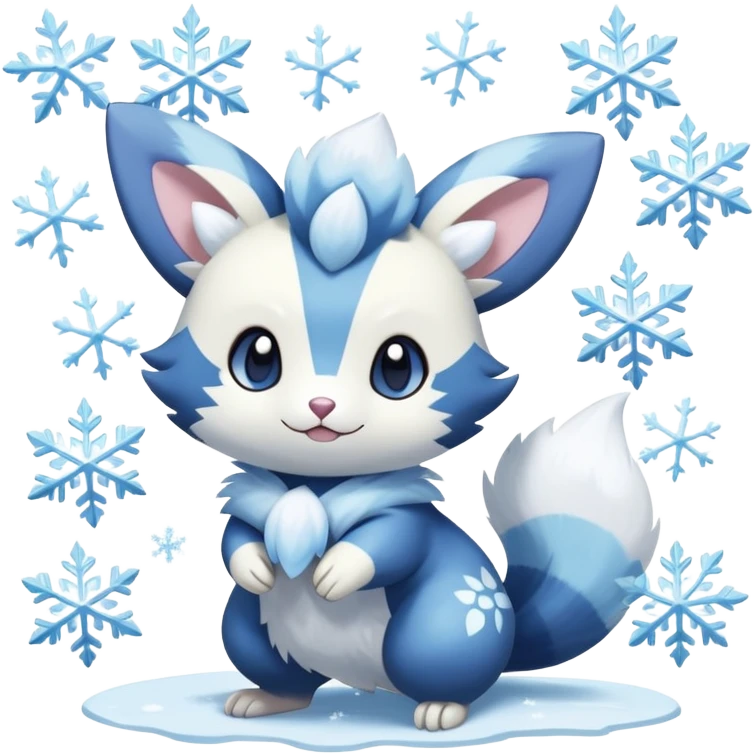Shiny White Pastel Snowy Icy Sparkly Cute Furret-Meowstic-Zangoose-Hybrid (Full body) with snow and snowflakes  emoji
