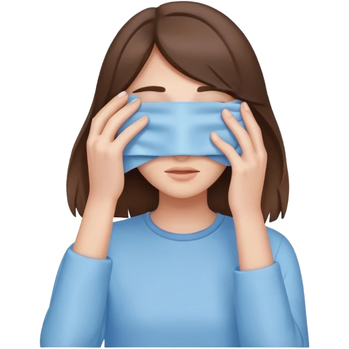 brunette girl with brown hair wearing pastel blue clothes covering her face with her hand emoji