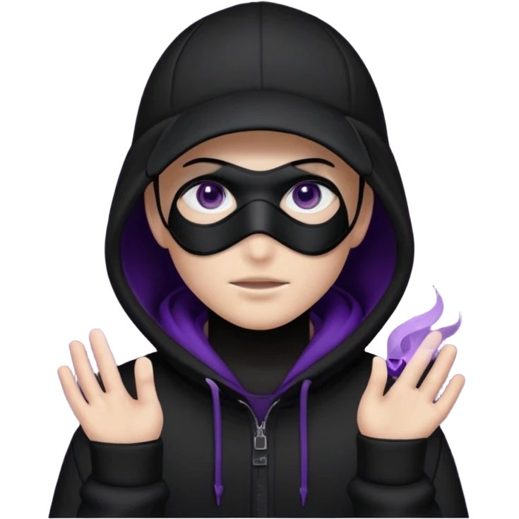 no visible face cartoon blacked character related to a shadow, with all black clothes, focusing a hoodie with his cap on, and a black facemask, just his purple shadow eyes making a light bloom emoji