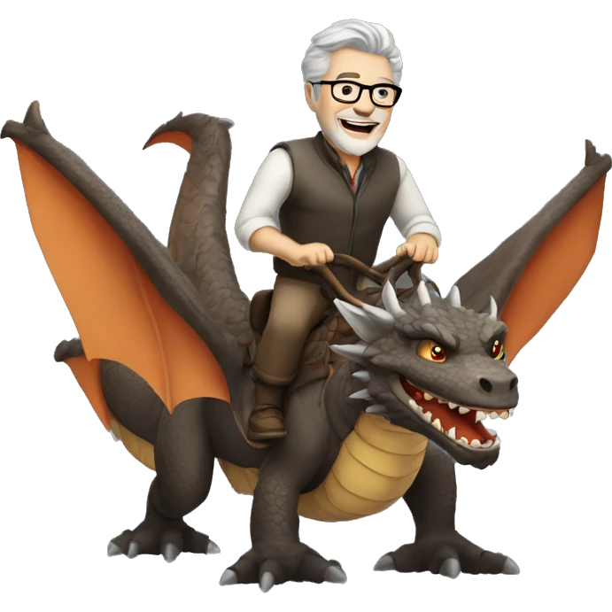 Ugly Mature man with gray hair and beard and glasses riding a dragon emoji