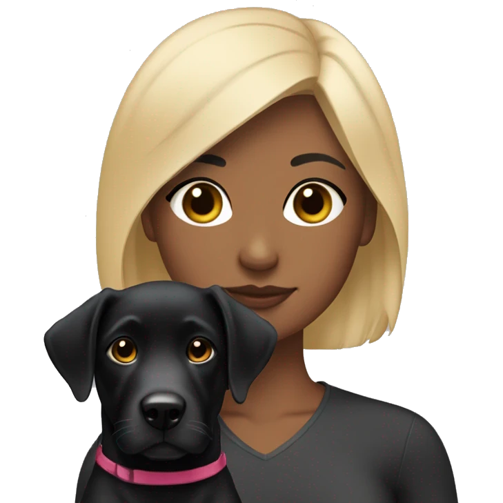 girl with short black hair with blonde streaks in the front laying with a black lab emoji