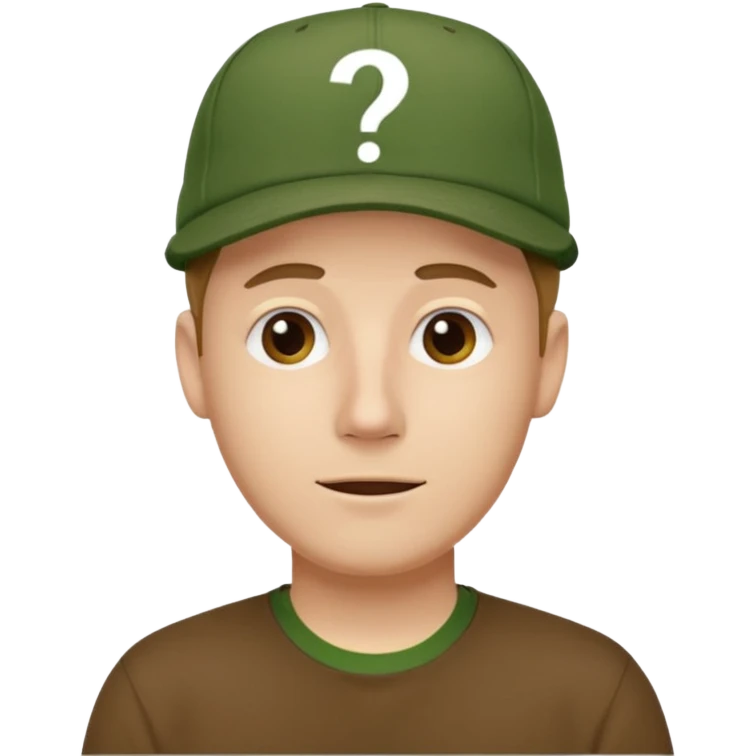 white fat man with brown cap and green t shirt printeed a question mark emoji