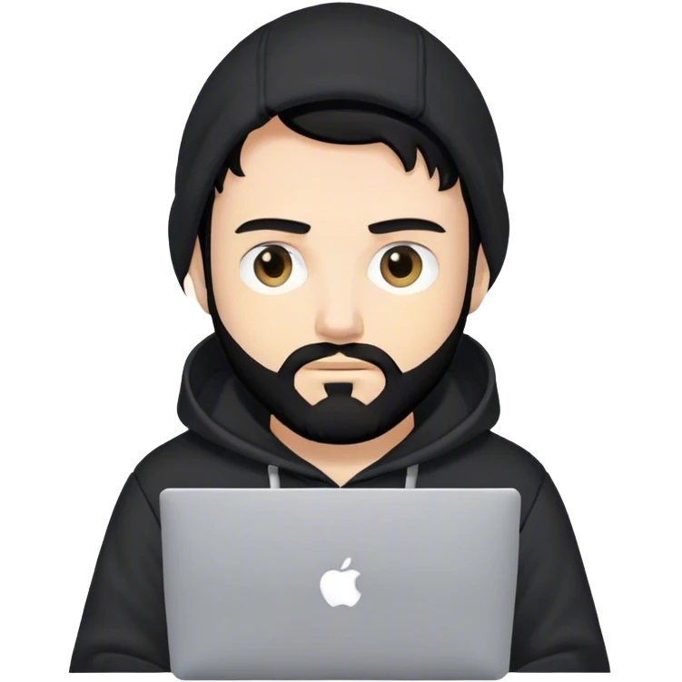 hackeur blanc cheveux noir barbe et capuche noir avec un macbook emoji