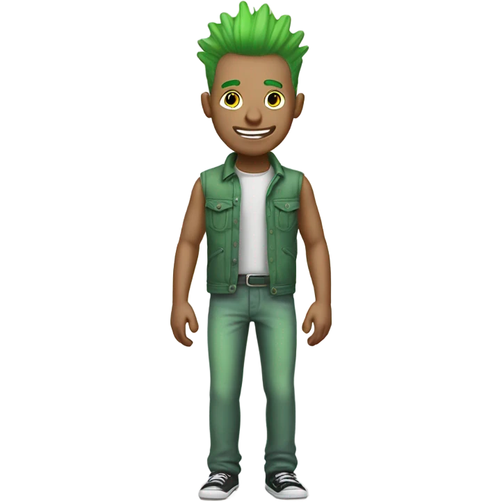 pale toned man with smile on half of a face and green mohawk hair, full body standing pose emoji