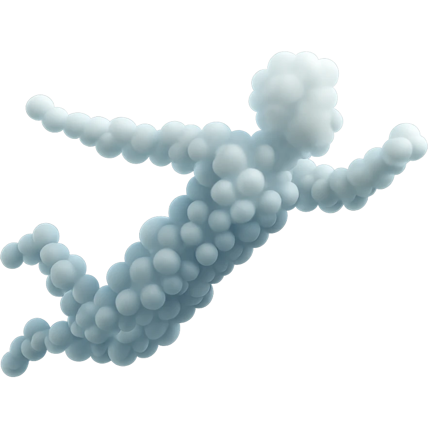 a person flying in the air, entirely made of very small white fluffy clouds, matte glass style, no background, no shadows, no extra details emoji
