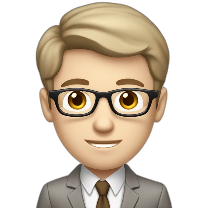 Pale skinned fit man with dark brown hair in gray jacket, beige office shirt, brown tie, brown pants and vintage glasses Writing text on the flipchart emoji