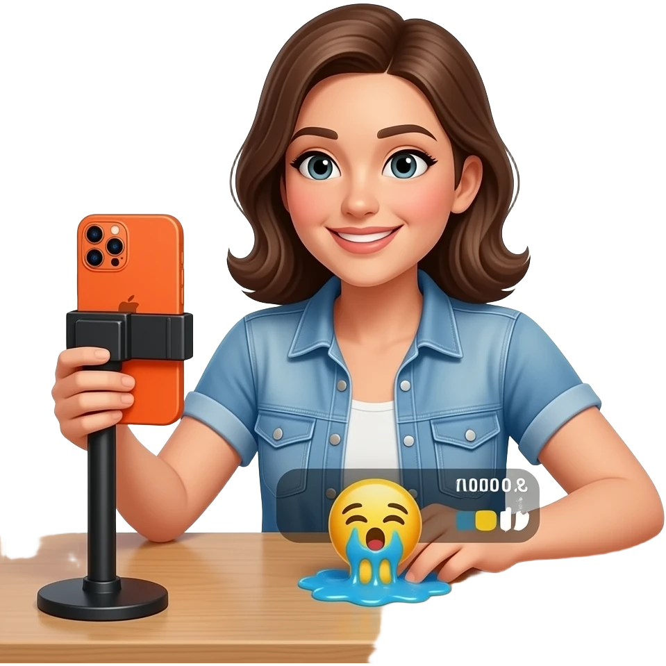 An women is making live about slime the phone17 pro max orange color is in the table and she gets 10,000 likes and coments and she is playing with taba squishy emoji emoji