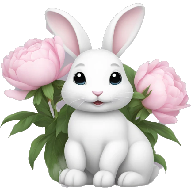 cute white bunny holding light pink peonies emoji