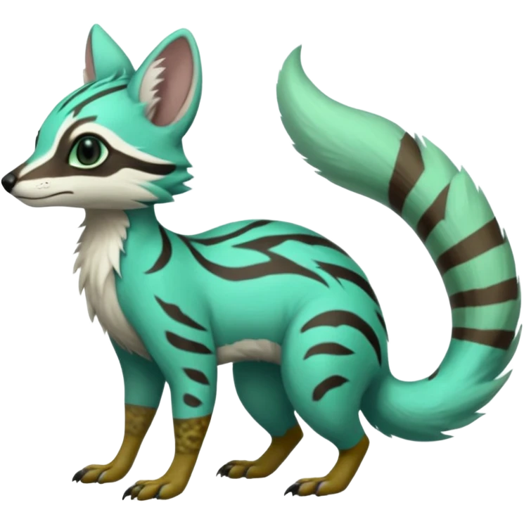 Feral Rare Fantasy minty-cyan pastel-seafoam-green Hunter-forest-green  Vernid-Gremz-Numbat-Sergal-Genet-Trico-species by LiLaiRa, random markings, tufted tail, tufted ears, full body emoji