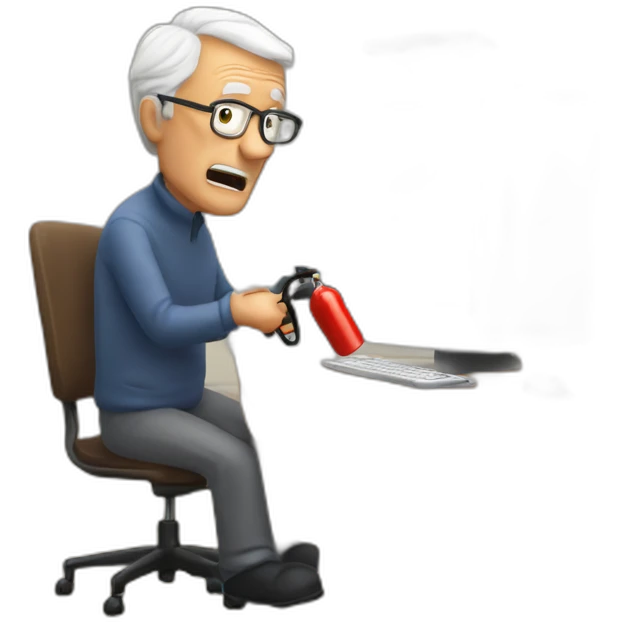 elderly man pointing fire extinguisher at a computer in fear emoji