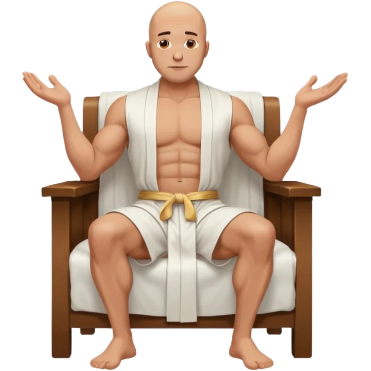 fullbody jacked bald guy, sleeveless and unbuttoned in full white robe sitting without chair and hands down emoji