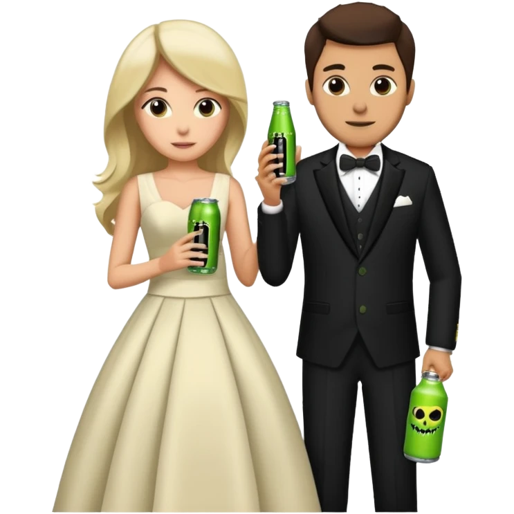 husband and wife at wedding holding monster energy drinks emoji
