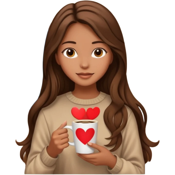 Un emoji de una chica con el pelo castaño y largo y suelto así como vestida como una that Girl y un café con dibujo de corazón y una cama aesthetic modo vida perfecta emoji