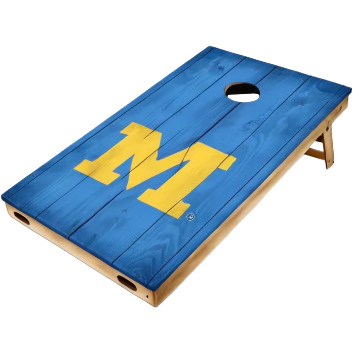 Cornhole board blue and yellow with Michigan “M” emoji