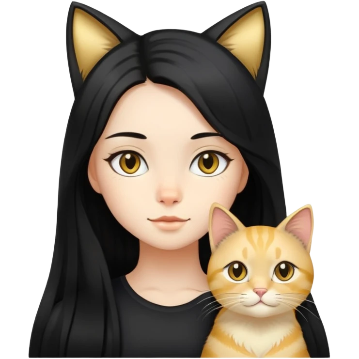 Girl black long hair with light gold cat emoji
