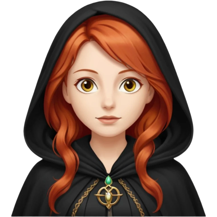 a beautiful woman with long red hair reaching her waist, hazel eyes, and wearing a black cloak emoji