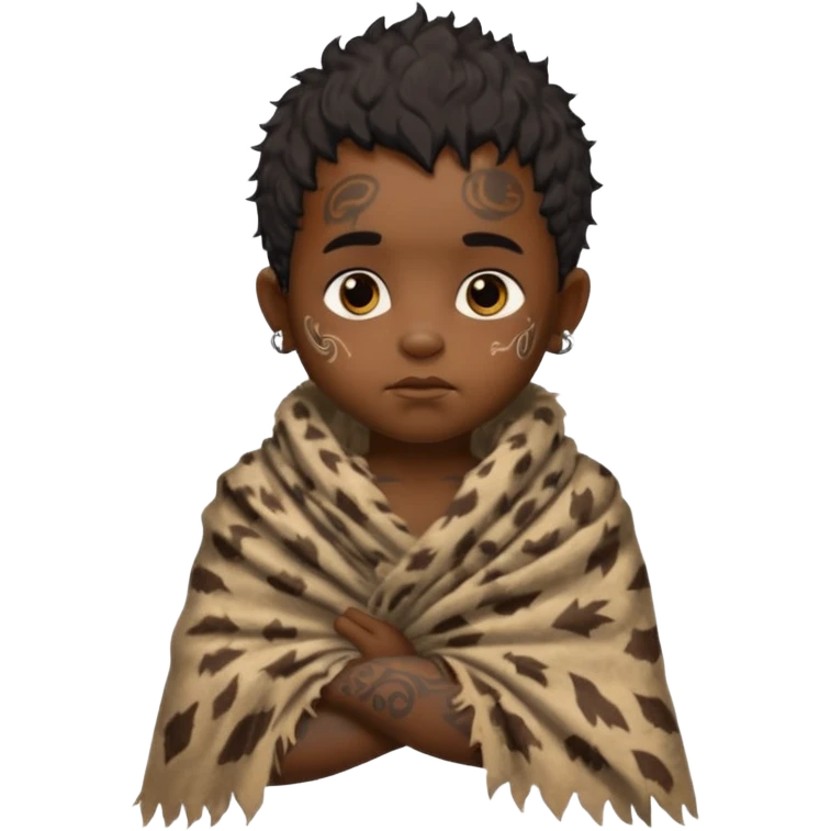 ancient hairy black baby tatooed boy, tattered animal skin shawl emoji