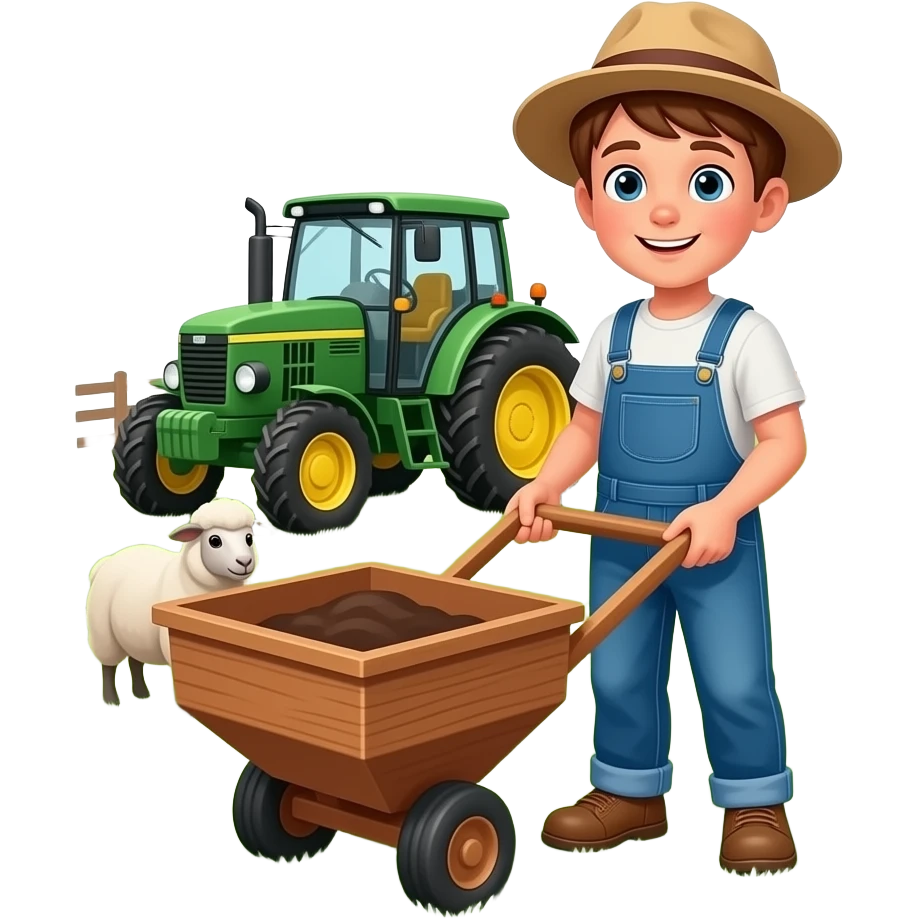 junge mit tieren und mistgabel und traktor emoji