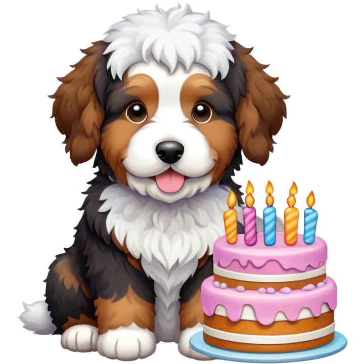 Merle bernedoodle with cake emoji