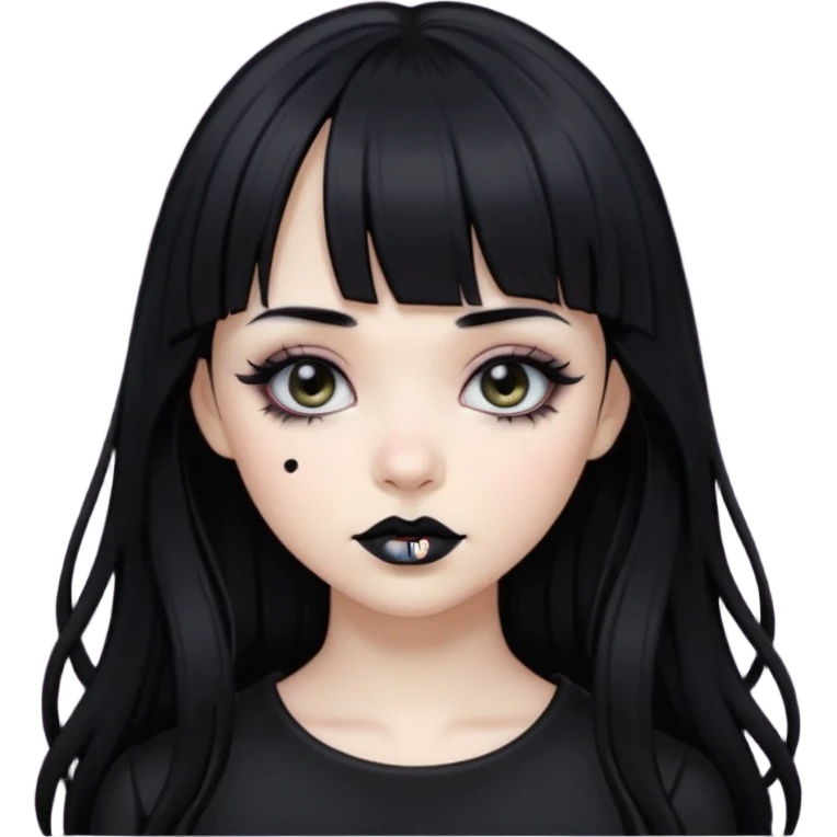 Gothic gir, black hair with bangs, slightly wavy, very long hair,long eyelashes, black eyes. emoji
