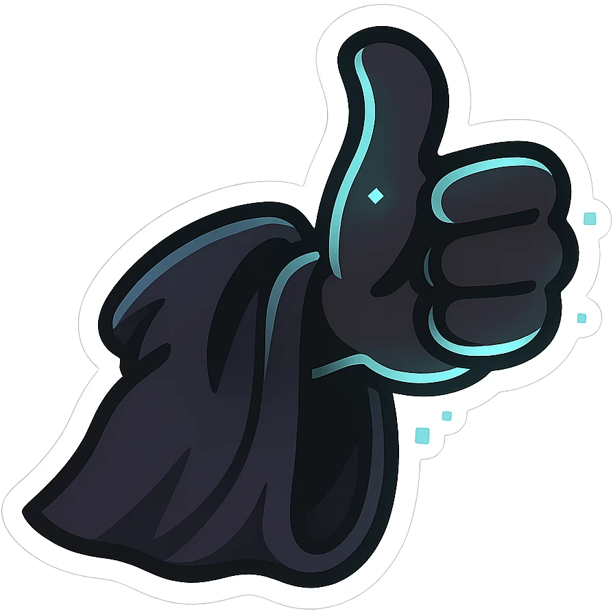 A shadowy hand emerging from a dark, mysterious cloak sleeve giving a thumbs up gesture. The hand is semi-gloved or ghost-like, with slight glowing accents or glitch particles. Stylized in chibi form, high contrast, bold lines, emoji-sized, transparent background, designed for use as a YouTube membership emoji. emoji
