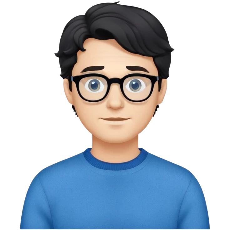 Caucasian male with wavy black hair wearing eyeglasses and a blue long sleeve pullover sweater emoji