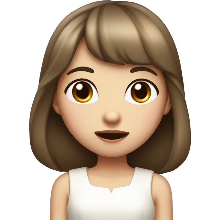 Girl with fair skin and long brown hair with bangs, pink eyes, wearing a pretty white dress, biting her lip. emoji