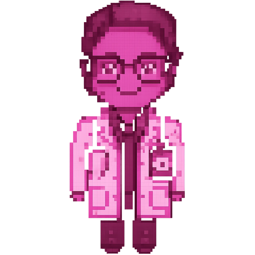 An eye doctor emoji in pixel-art style with a magenta color emoji
