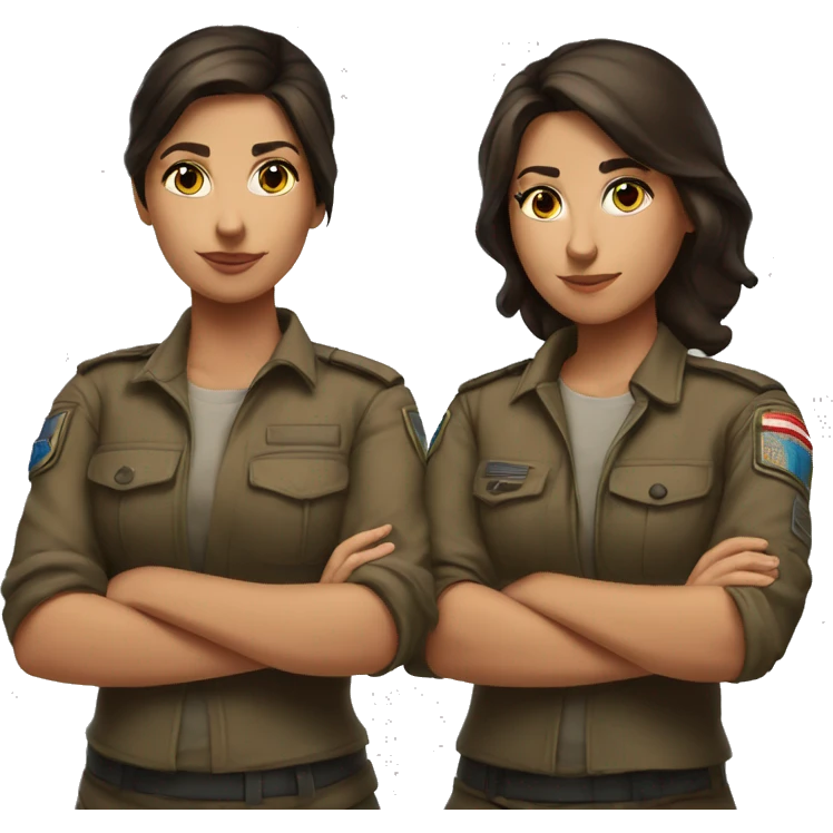 Brunette sisters standing back to back with arms crossed ready for combat emoji