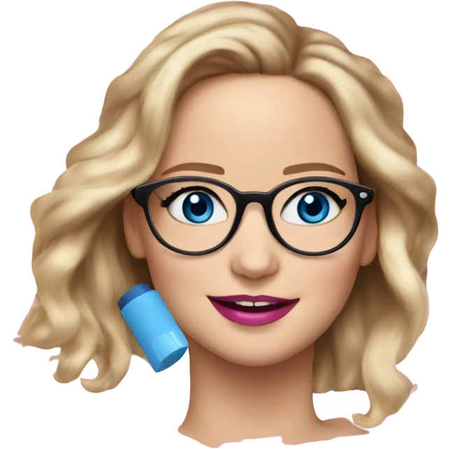 Happy Jennifer Lawrence,  blue eyes wearing glasses and pink lipstick  emoji