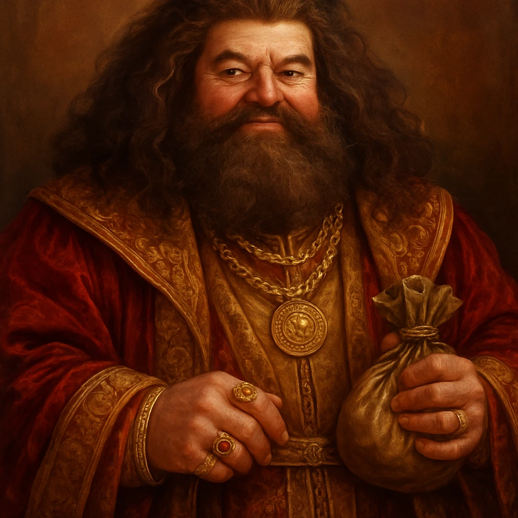 Hagrid from Harry Potter depicted as wealthy, wearing luxurious robes, gold jewelry, and holding a money bag, detailed, rich colors, fantasy style emoji