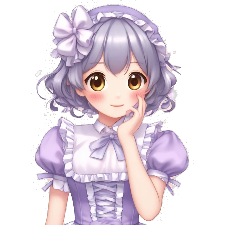 Gorgeous anime style girl blushing face maid outfit Lolita idol model colorful shiny sparkle kawaii pastelcore cottagecore pearly petite simplistic aesthetic trending style emoji
