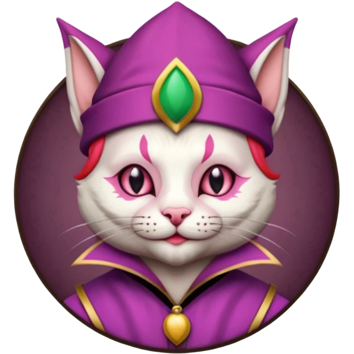 court jester cat medieval, single poker card joker clearly visible, pink, face only, round badge,  court jester cap emoji