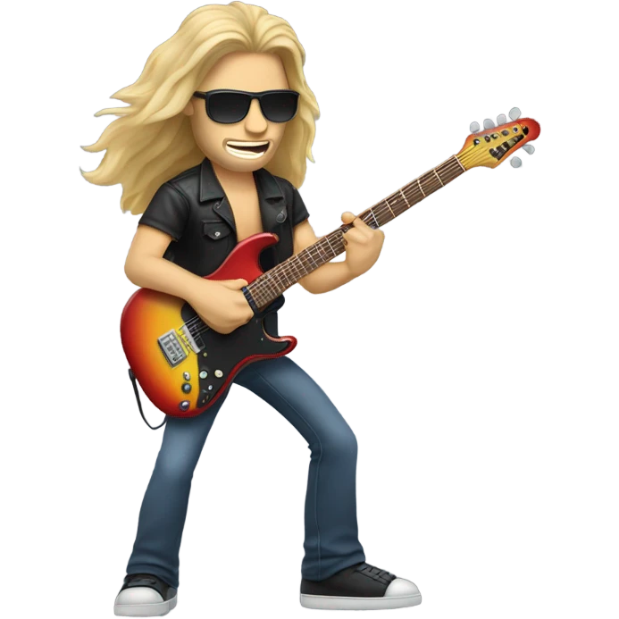 Caucasian man with long hair with sunglasses on playing electric guitar emoji