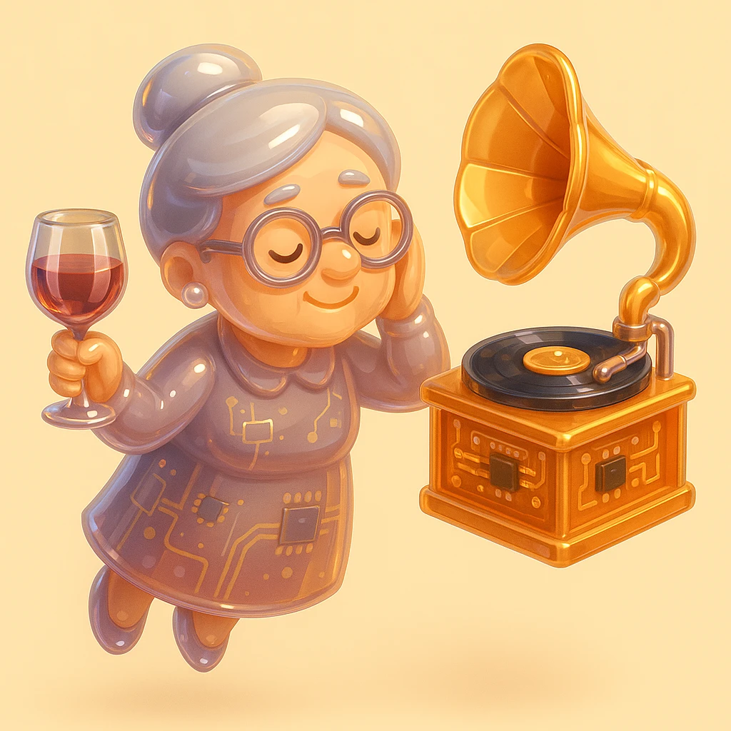 old lady with wineglass listening to gramophone emoji