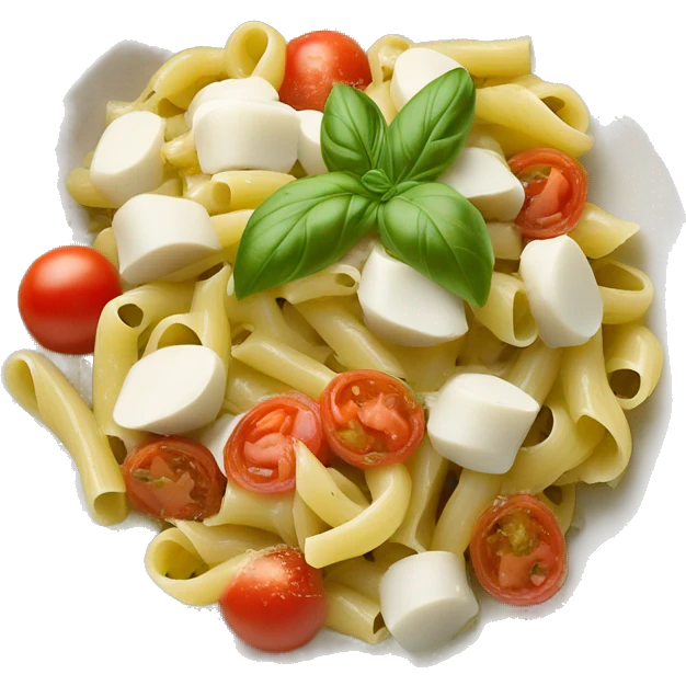 Maak een afbeelding van een bakje pasta pesto met tomaatjes, mozarella en kip emoji
