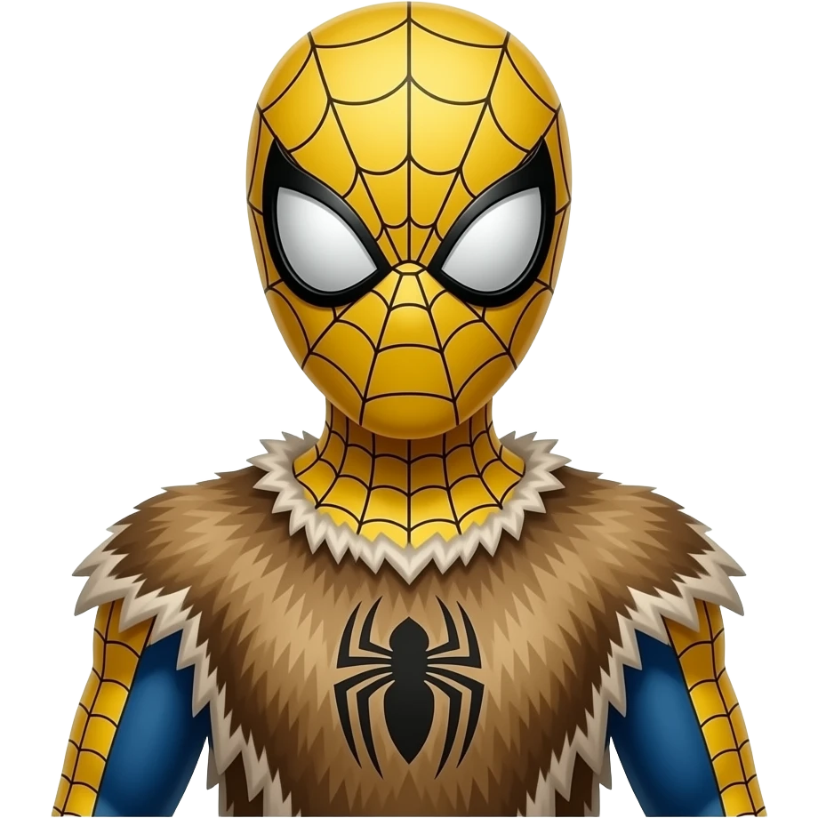 a SPIDERMAN  wearing ancient animal skin cloth, half body, icon, yellow skin emoji