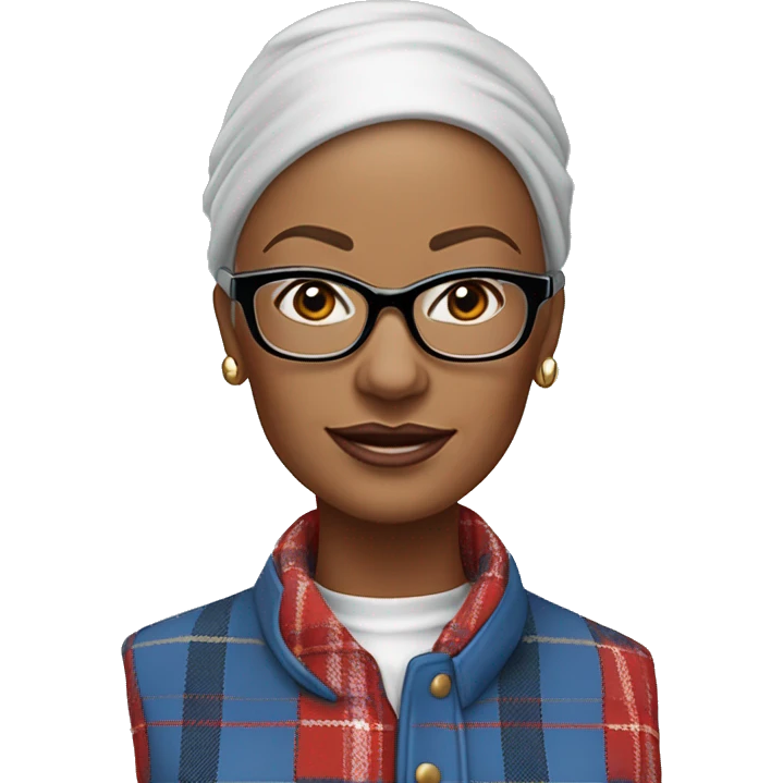 A bald aquiline nosed woman age 55, with protruding blue eyes that are crossed outward, wearing square plastic eyeglasses, a trucker cap, small hoop earrings, a plaid men's tuxedo with blue plaid overcoat red bowtie, red waistcoat and black pants emoji